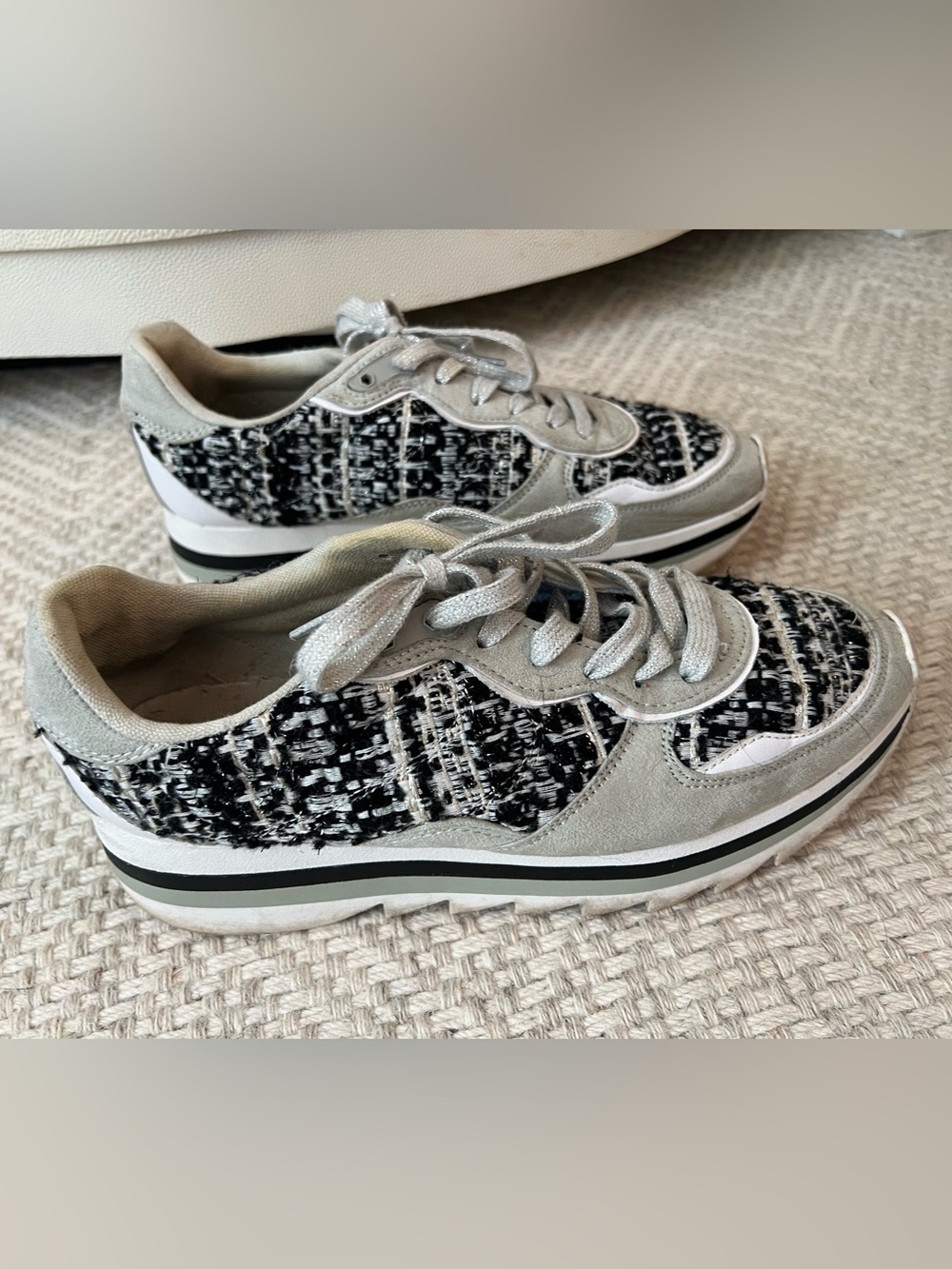 Zara Metallic Tweed Lace-Up Sneakers in Black & Gray Size 9